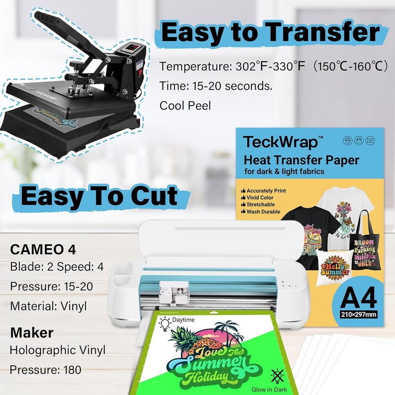 TECKWRAP Printable Heat Transfer Paper for T-Shirts 10 Sheets, 8.3" X 11.7" Printable Heat Transfer Vinyl for Inkjet Printer, Iron on Transfer Paper for Light and Dark Fabric (Glow in Dark) - Image 4